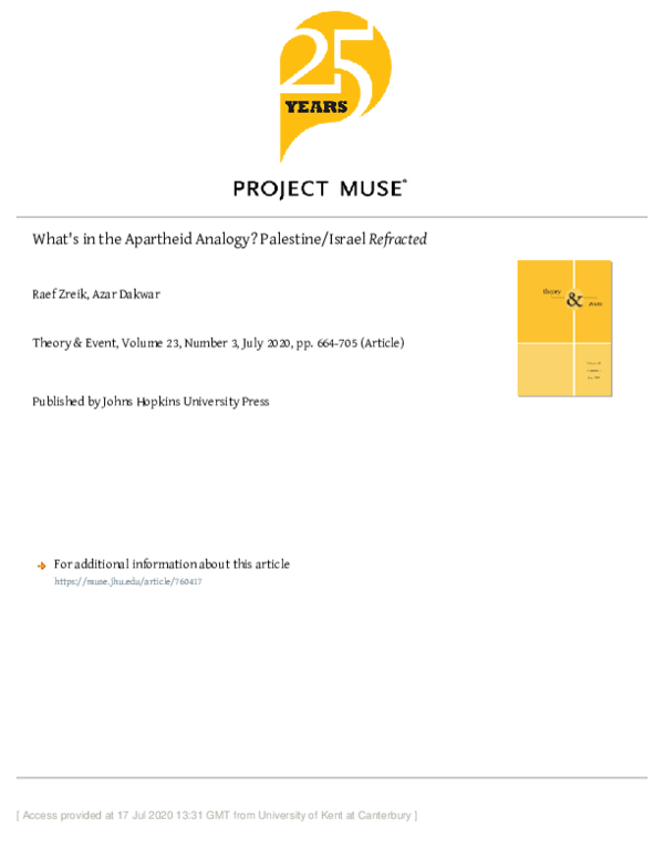 First page of “What's in the Apartheid Analogy? Palestine/Israel Refracted”