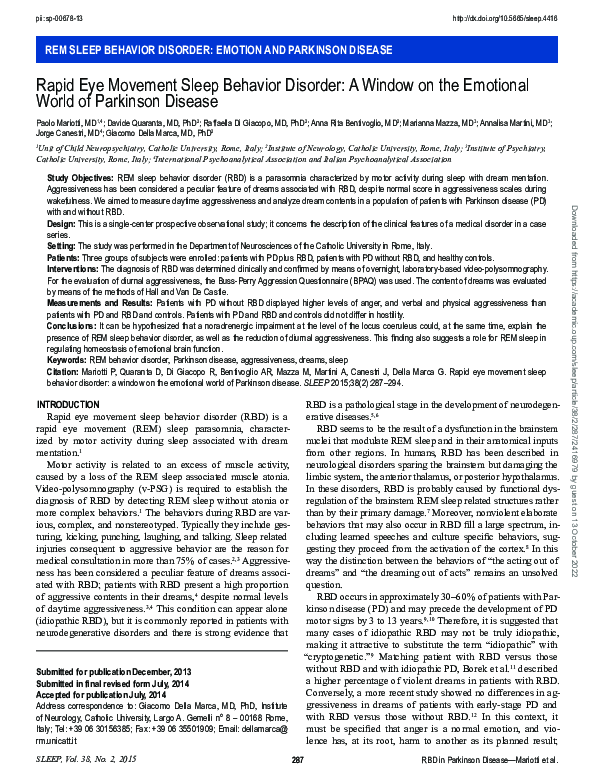 (PDF) Rapid Eye Movement Sleep Behavior Disorder A Window on the