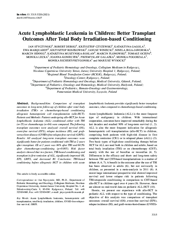 (PDF) Acute Lymphoblastic Leukemia in Children: Better Transplant ...