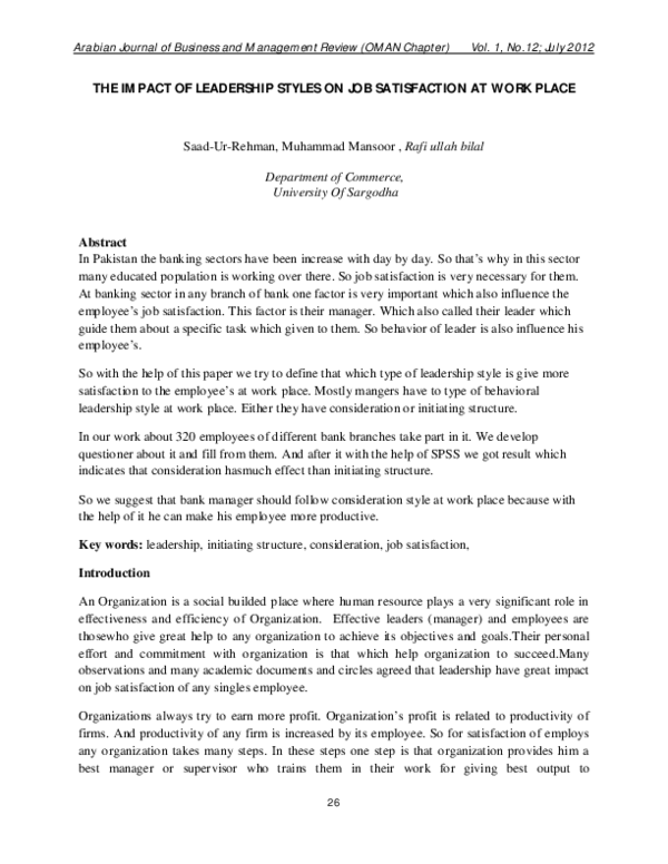 (PDF) The Impact of Leadership Styles on Job Satisfaction at Work Place