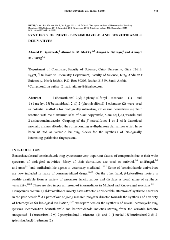 (PDF) Synthesis of Novel Benzimidazole and Benzothiazole Derivatives