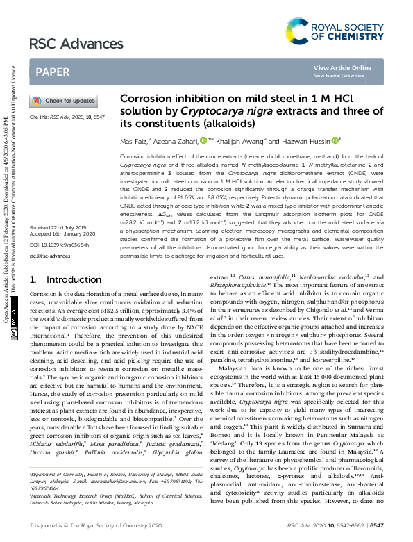 (PDF) Corrosion inhibition on mild steel in 1 M HCl solution ...
