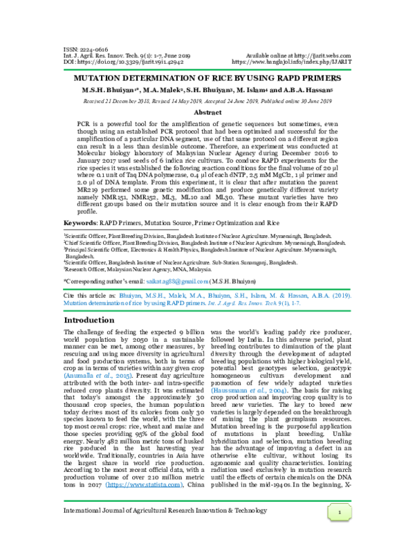 (PDF) Mutation determination of rice by using RAPD primers