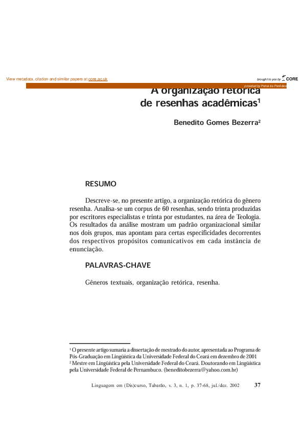 (PDF) A organização retórica de resenhas acadêmicas