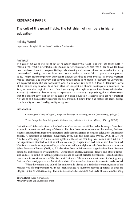 (PDF) The cult of the quantifiable: the fetishism of numbers in higher ...