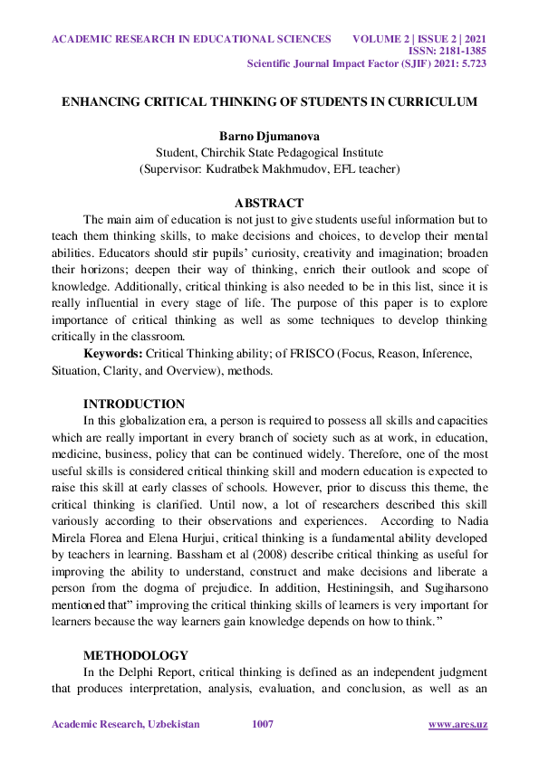 (PDF) Enhancing Critical Thinking of Students in Curriculum