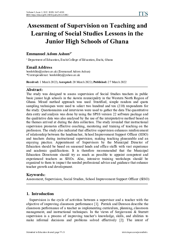(PDF) Assessment of Supervision on Teaching and Learning of Social ...