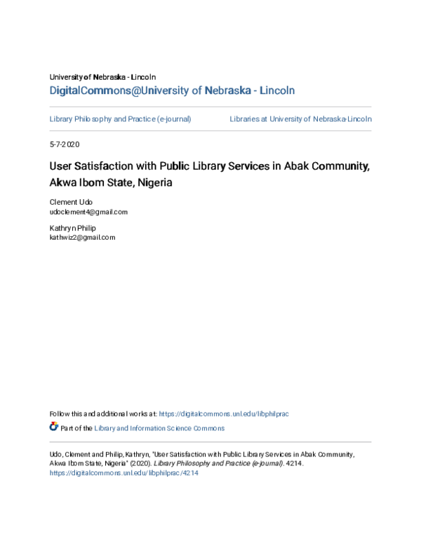 (PDF) User Satisfaction with Public Library Services in Abak Community ...