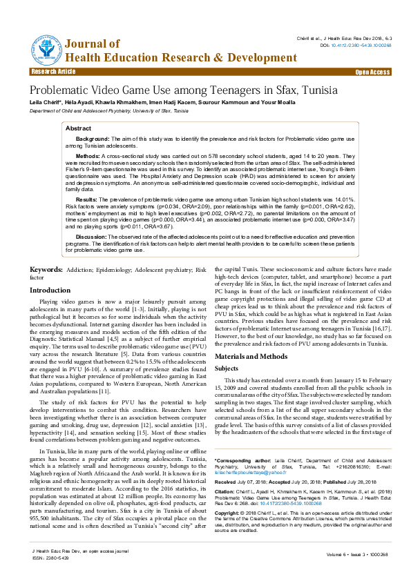 (PDF) Problematic Video Game Use among Teenagers in Sfax, Tunisia