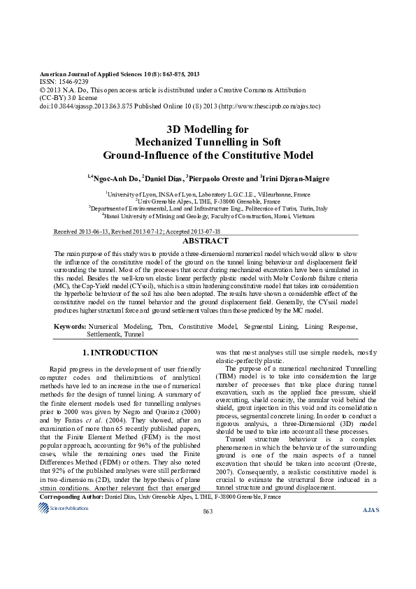 (PDF) 3D Modelling for Mechanized Tunnelling in Soft Ground-Influence ...