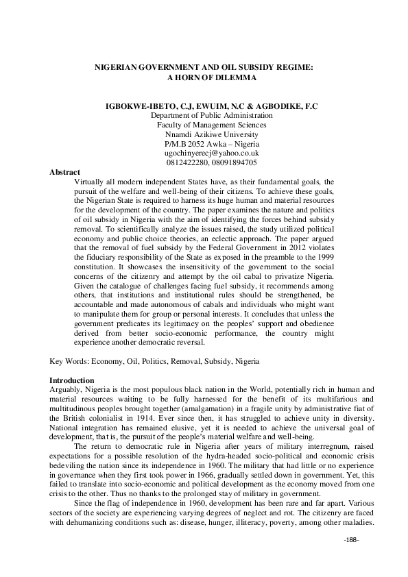 (PDF) Nigerian government and oil subsidy regime: a horn of dilemma