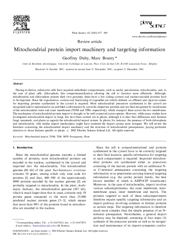 (PDF) Mitochondrial protein import machinery and targeting information