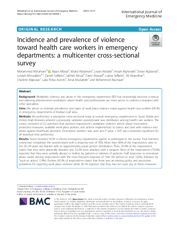 (PDF) Incidence and prevalence of violence toward health care workers ...