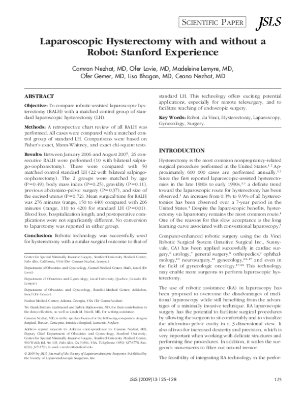 (PDF) Laparoscopic hysterectomy with and without a robot: Stanford ...