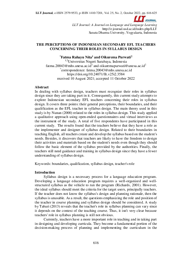 (PDF) The Perceptions of Indonesian Secondary Efl Teachers Concerning ...