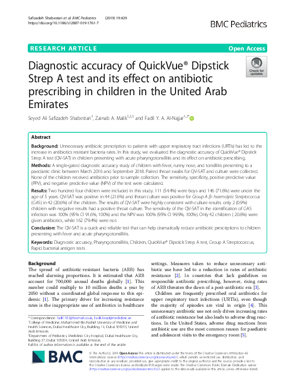 (PDF) Diagnostic accuracy of QuickVue® Dipstick Strep A test and its