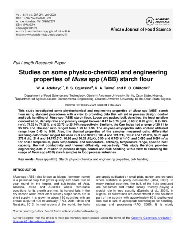 (PDF) Studies on some physico-chemical and engineering properties of ...