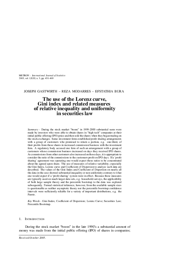 (PDF) The use of the Lorenz curve, Gini index and related measures of ...