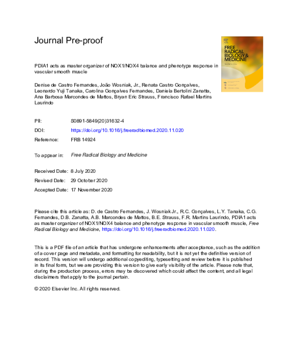 PDF) PDIA1 acts as master organizer of NOX1/NOX4 balance and