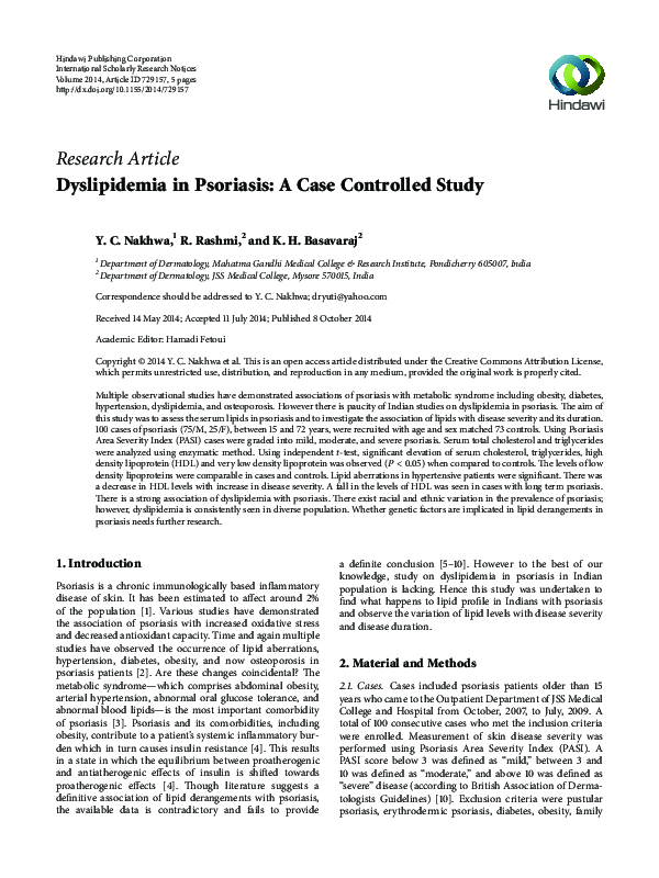 (PDF) Dyslipidemia in Psoriasis A Case Controlled Study Amit Amatya