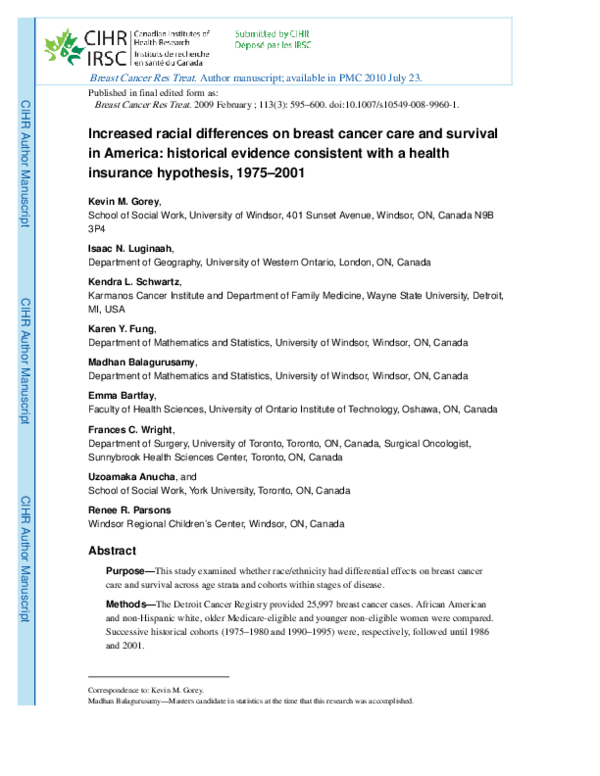 (PDF) Increased racial differences on breast cancer care and survival ...