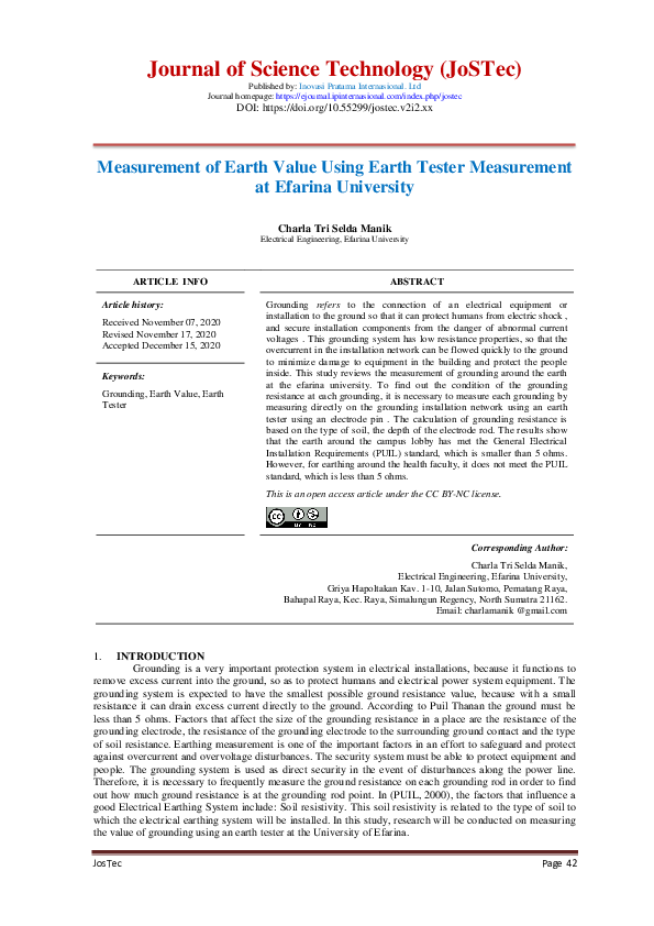(PDF) Measurement of Earth Value Using Earth Tester Measurement at