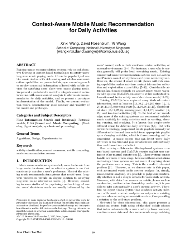 (PDF) Context-aware mobile music recommendation for daily activities