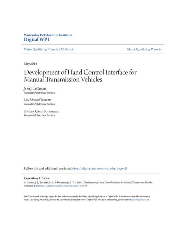 (PDF) Development of Hand Control Interface for Manual Transmission ...