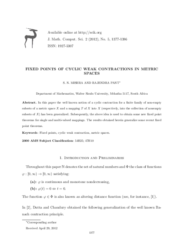 (PDF) Fixed points of cyclic weak contractions in metric spaces