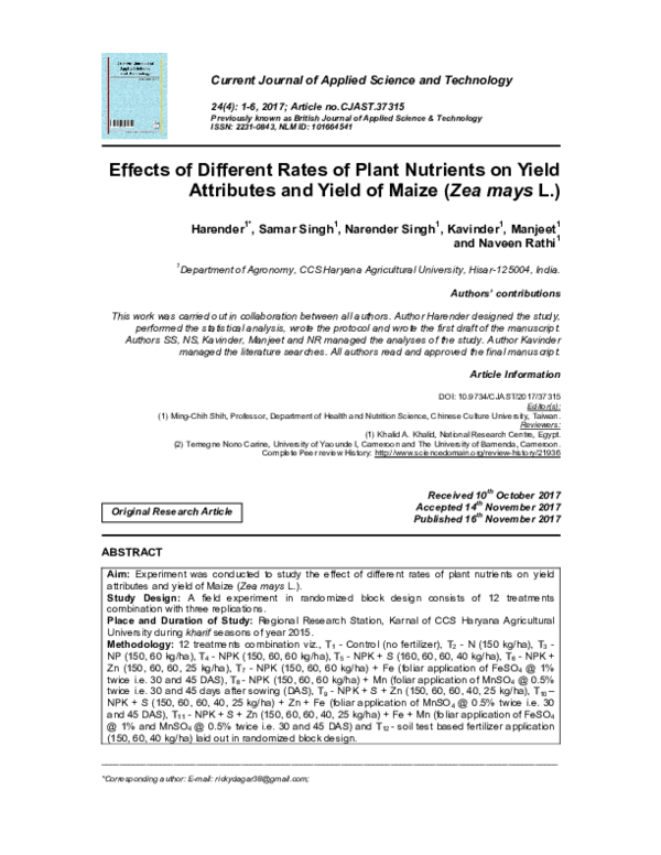 (PDF) Effects of Different Rates of Plant Nutrients on Yield Attributes ...