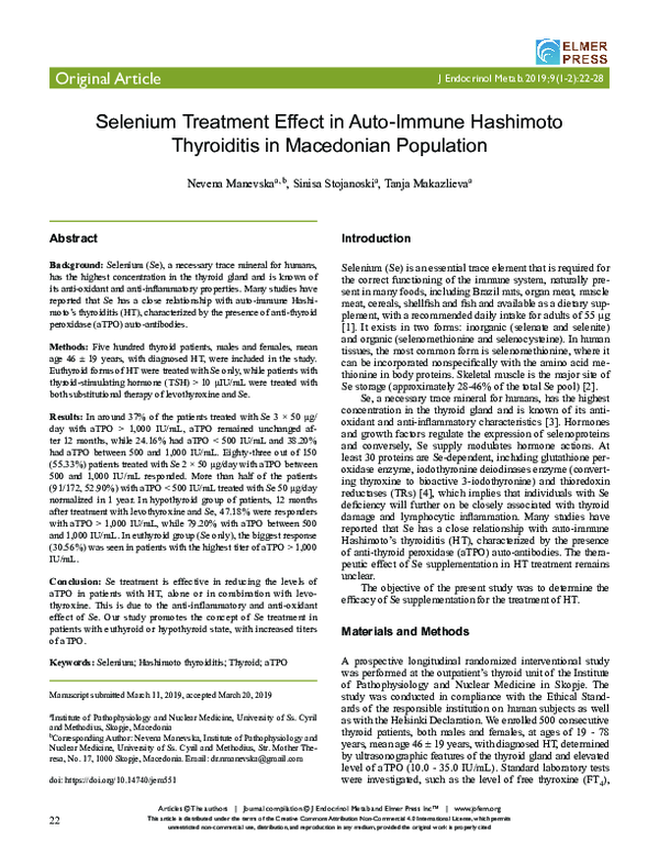 (PDF) Selenium Treatment Effect in Auto-Immune Hashimoto Thyroiditis in ...