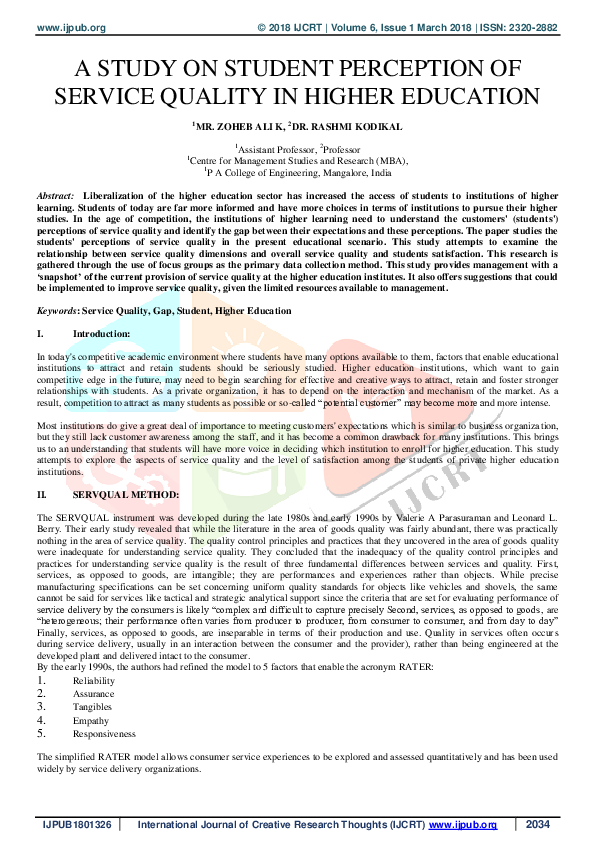 (PDF) A Study on Student Perception of Service Quality in Higher Education