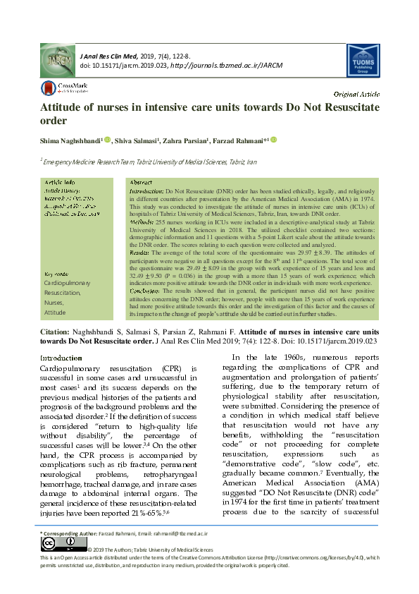 (PDF) Attitude of Nurses in Intensive Care Units towards Do Not ...