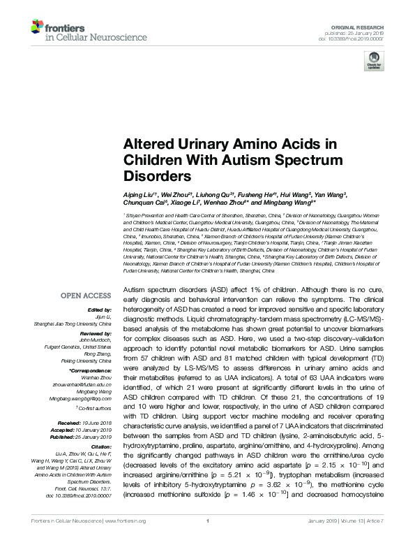 (PDF) Altered Urinary Amino Acids in Children With Autism Spectrum ...