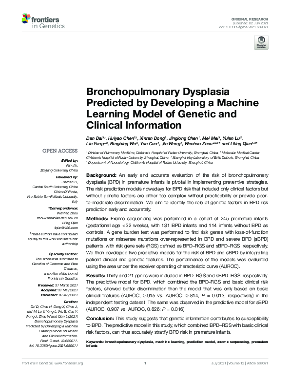 (PDF) Bronchopulmonary Dysplasia Predicted by Developing a Machine ...