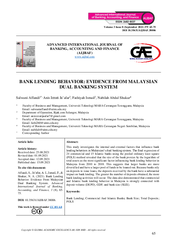(PDF) Bank Lending Behavior: Evidence from Malaysian Dual Banking System