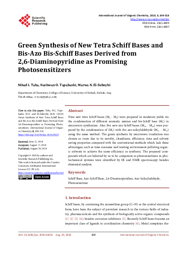 (PDF) Green Synthesis of New Tetra Schiff Bases and Bis-Azo Bis-Schiff ...