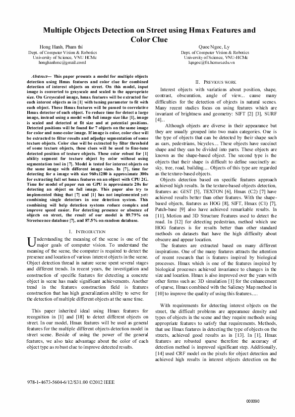 (PDF) Multiple objects detection on street using Hmax features and ...