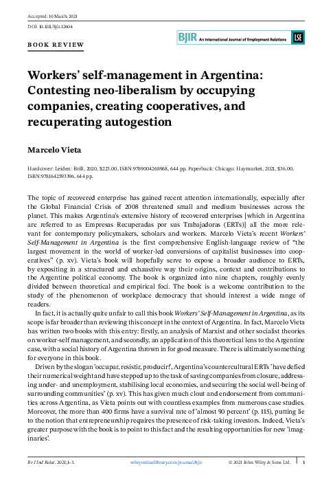 First page of “Workers’ Self-Management in Argentina”