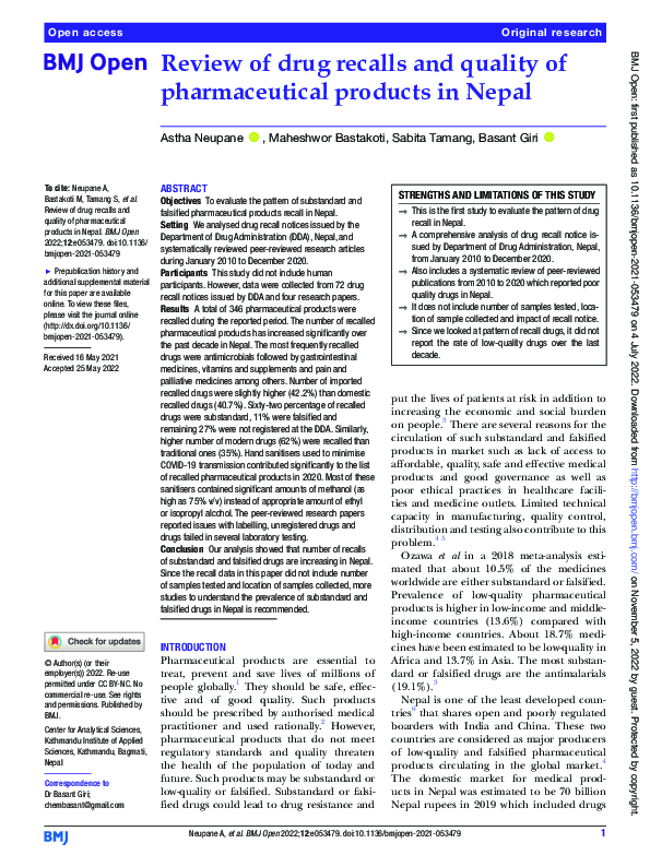 (PDF) Review of drug recalls and quality of pharmaceutical products in ...