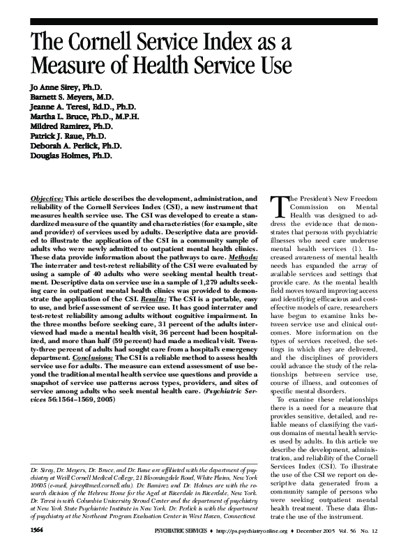 (PDF) The Cornell Service Index as a Measure of Health Service Use
