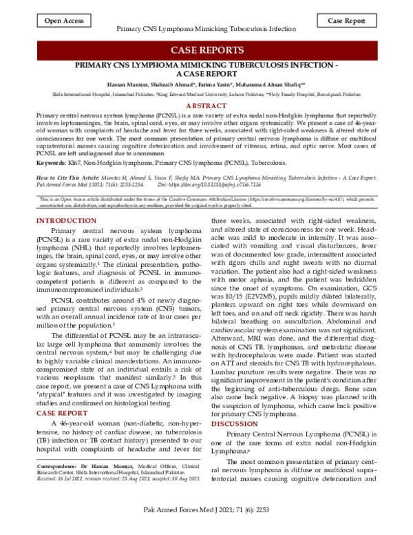 (PDF) Primary CNS Lymphoma Mimicking Tuberculosis Infection - a Case Report