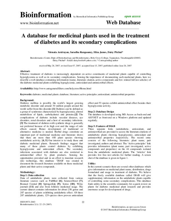(PDF) A database for medicinal plants used in treatment of diabetes and ...
