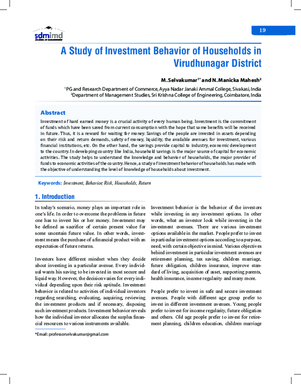 (PDF) A Study of Investment Behavior of Households in Virudhunagar
