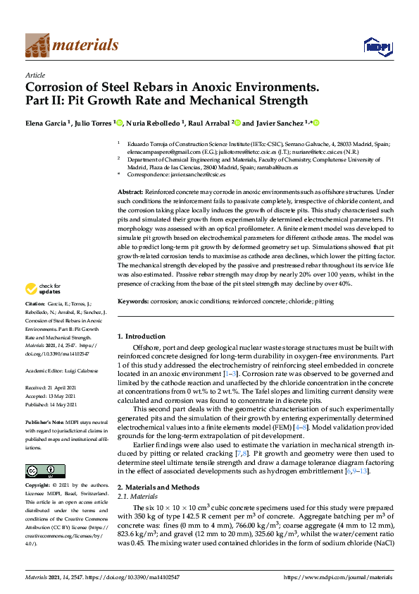 (PDF) Corrosion of Steel Rebars in Anoxic Environments. Part II: Pit ...