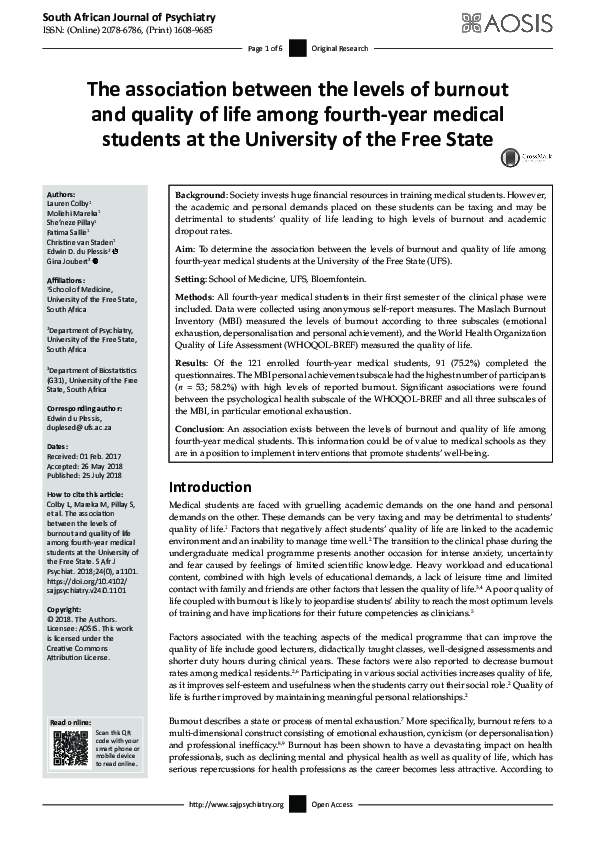 (PDF) The association between the levels of burnout and quality of life ...