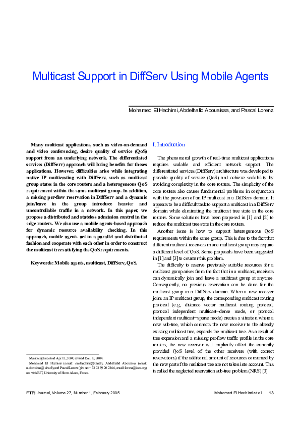 (PDF) Multicast Support in DiffServ Using Mobile Agents