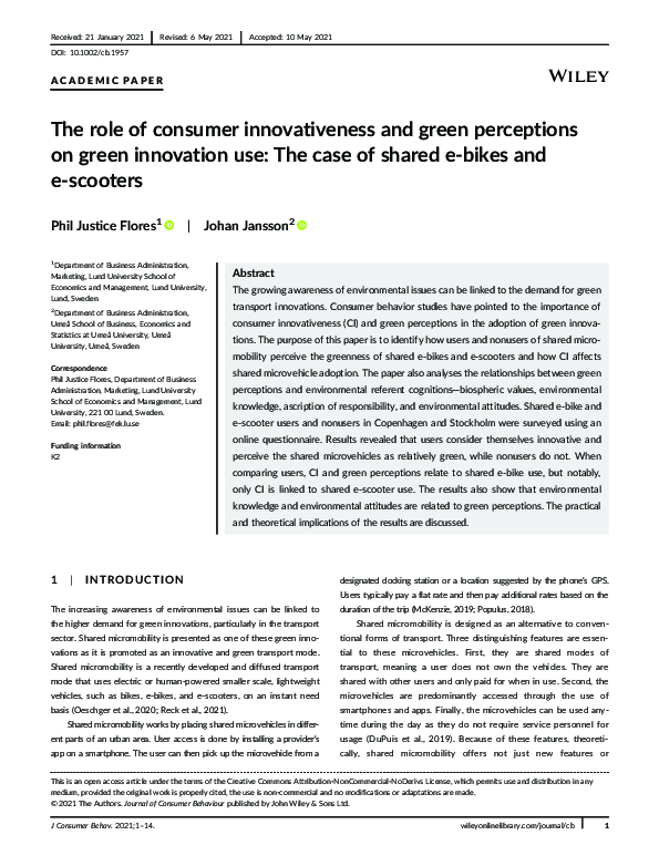 (PDF) The role of consumer innovativeness and green perceptions on ...