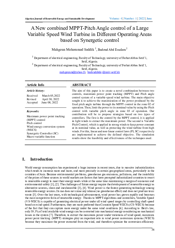 (PDF) A New combined MPPT-Pitch Angle control of a Large Variable Speed ...