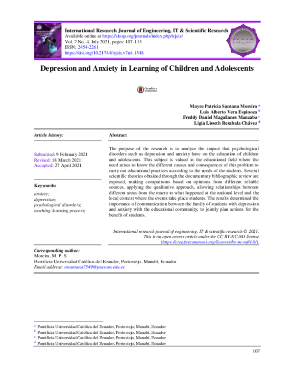 (PDF) Depression and anxiety in learning of children and adolescents